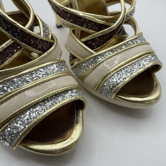 Kate Kuba Size 7 Glitter High Heels Silver Gold Open Toe 4 inch Women's Shoes - Picture 2 of 8